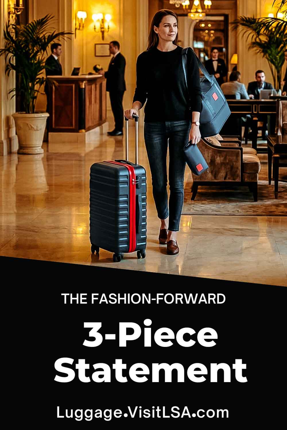 Luxury Travel Luggage - Female traveler rolling high-end luggage across luxury hotel lobby marble floors - Life So Abundant®