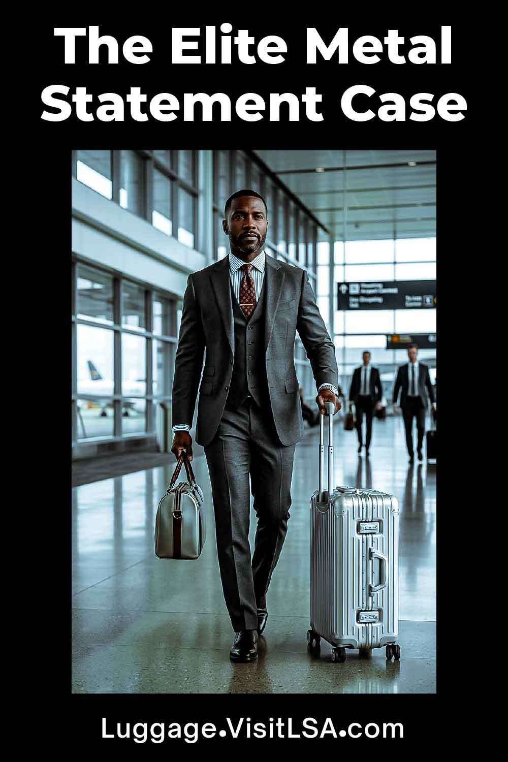 Luxury Travel Luggage - Male business professional in a tailored suit pulling a sleek hard shell luxury travel suitcase through airport - Life So Abundant®
