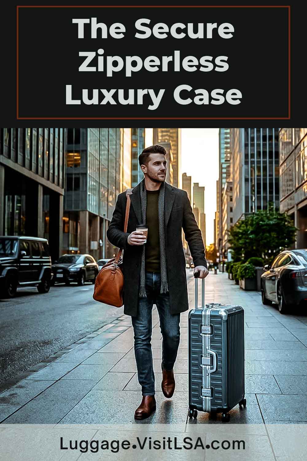 Luxury Travel Luggage - Male traveler walking through a modern city street with luxury luggage, skyscrapers, early morning light - Life So Abundant®
