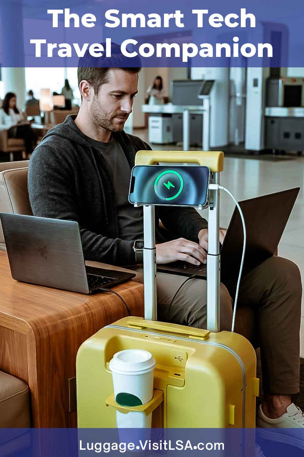 Luxury Travel Luggage - Modern male traveler wearing casual relaxed attire using a smart luggage with USB port at airport lounge - Life So Abundant®