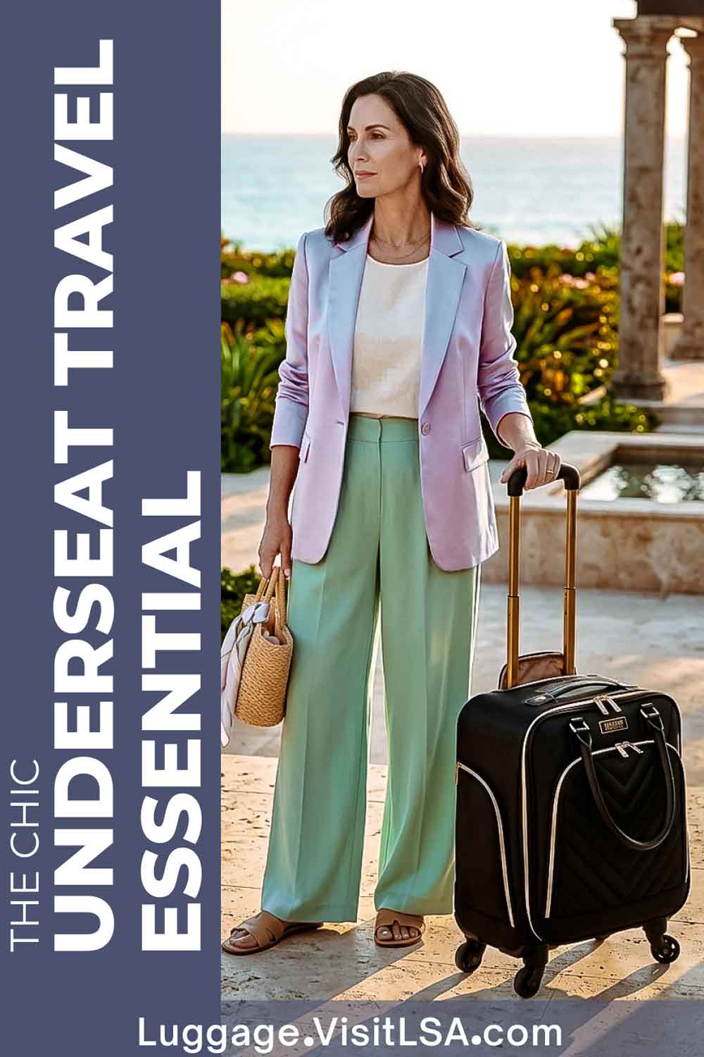 Luxury Travel Luggage - Stylish woman with luxury travel luggage, calm resort background - Life So Abundant®