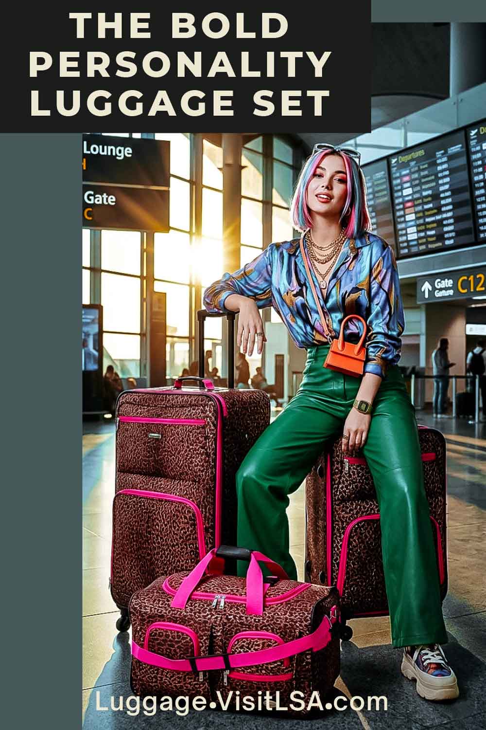Luxury Travel Luggage - Trendy young female traveler with colorful, patterned luggage, airport background, bold outfit, Gen Z luxury travel - Life So Abundant®