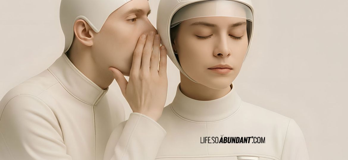 Negative Thoughts - A man in minimalist white headgear whispers lies into the ear of a woman wearing a matching futuristic helmet and visor - Life So Abundant®