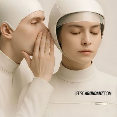 Negative Thoughts - A man in minimalist white headgear whispers lies into the ear of a woman wearing a matching futuristic helmet and visor - Life So Abundant®
